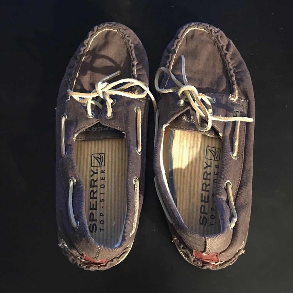 Purple/tan Sperry top sliders boat shoes